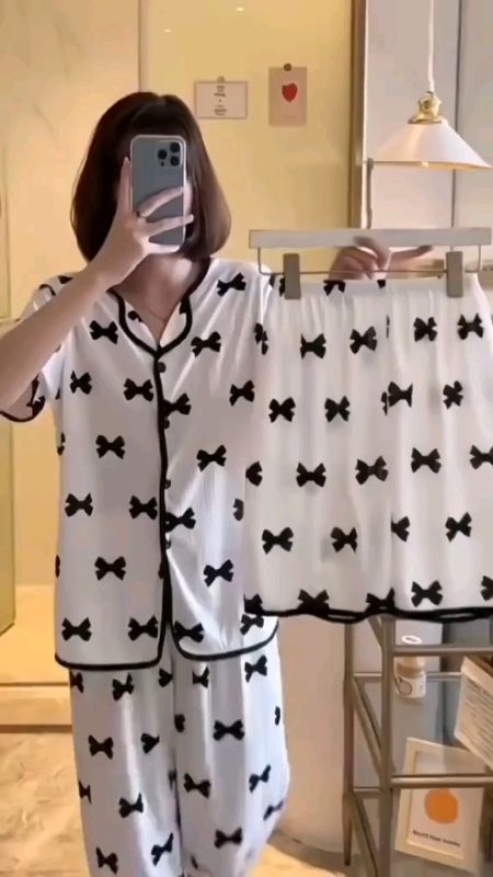 HiHi cotton short sleeve comfortable pajama Womenswear 3 in1 Clothes Homewear Set nighties sleepwear#