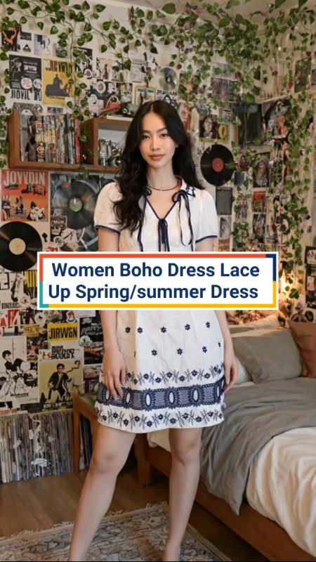 Women Boho Dress Lace Up Spring/summer Dress